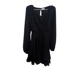 Japna‎ Black Long Sleeve V-Neck Mini Dress Lined Layered Skirt Boho Chic Large